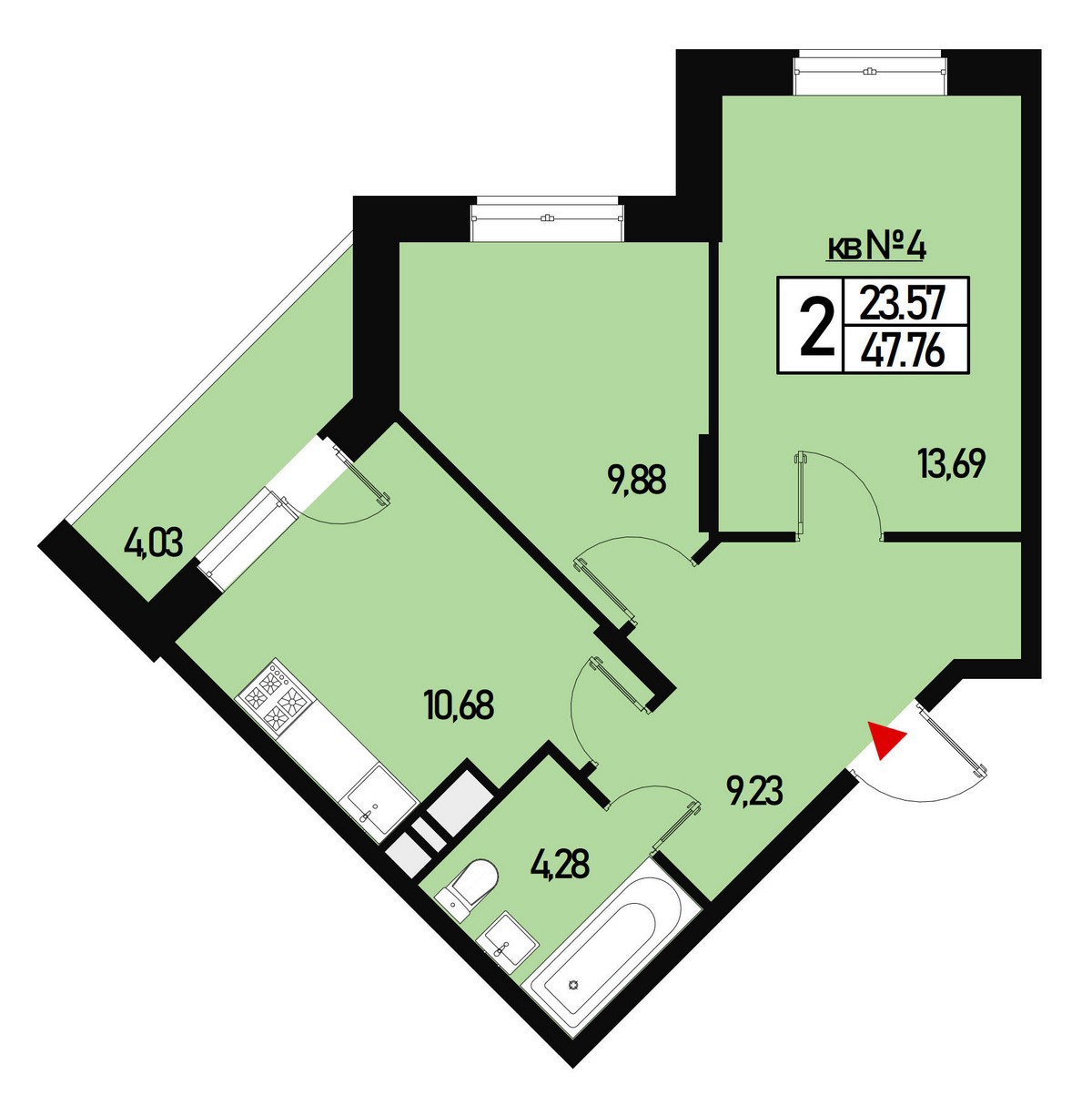 Двухкомнатная квартира 47 м² №4 ул. Генерала Донскова, дом 23, корпус 1  купить по цене 4919280 от застройщика в ЖК Борисоглебское деревня Зверево